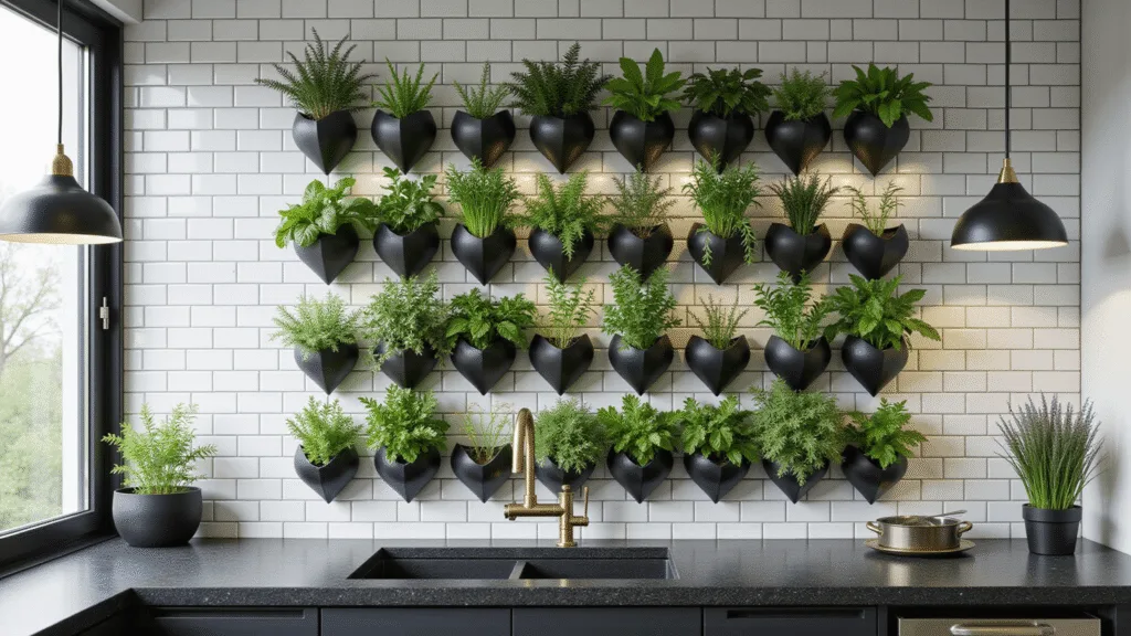 Photorealistic modern kitchen with a floor-to-ceiling herb wall in matte black planters, featuring vibrant basil, mint, rosemary, and thyme, stainless steel appliances, black granite countertops, and natural morning light.