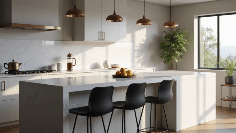 Breakfast Bar Ideas: Transform Your Kitchen into a Stylish Gathering Spot Photorealistic interior of a contemporary kitchen featuring a quartz waterfall breakfast bar, matte black metal bar stools, and minimalist brass pendant lights, illuminated by soft morning sunlight streaming through floor-to-ceiling windows.
