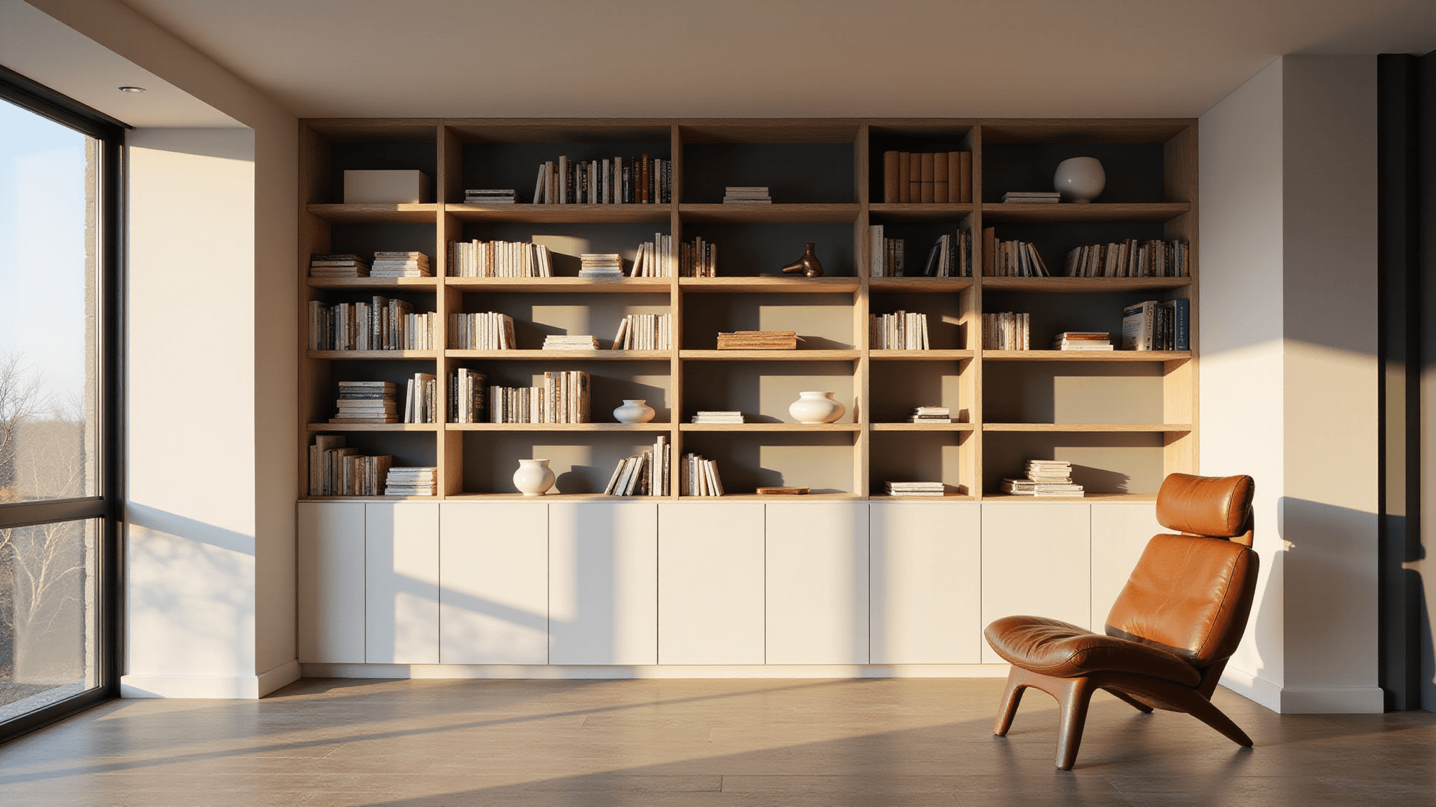 A modern minimalist library featuring a floor-to-ceiling bookcase with white matte shelving against a charcoal wall, meticulously arranged monochromatic books, brass objects, and ceramic vessels, complemented by a cognac leather lounge chair, illuminated by soft natural light during golden hour.
