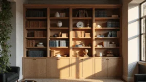 Bookcase Styling: Transform Your Shelves into a Stunning Visual Story A modern study featuring a sophisticated floor-to-ceiling white oak bookcase filled with leather-bound books, brass decorative objects, and greenery, illuminated by warm golden hour light streaming through tall windows.