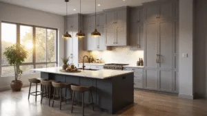 Gray Kitchen Cabinets: Your Ultimate Design Guide to Timeless Sophistication Photorealistic interior of a modern luxury kitchen showcasing dove gray Shaker cabinets with brass hardware, a charcoal gray waterfall island topped with white Carrara marble, and warm lighting from pendant fixtures, all illuminated by floor-to-ceiling windows during golden hour.