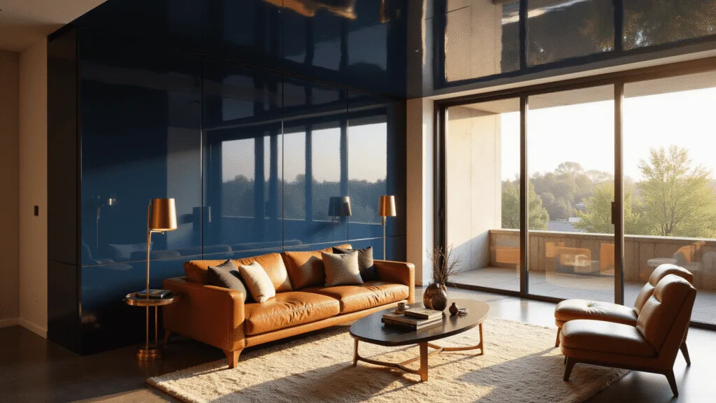 Cinematic interior shot of a sophisticated living room featuring a high-gloss navy blue ceiling, mid-century modern furniture, and golden hour sunlight reflecting on surfaces.