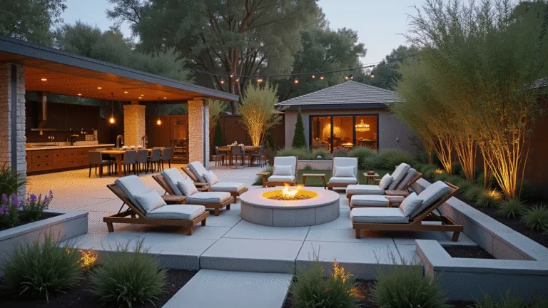 Transforming Your Suburban Backyard: A Comprehensive Guide to Modern Outdoor Living Cinematic aerial view of a luxury suburban backyard featuring a modern dining pavilion, circular fire pit, raised garden beds, bamboo privacy screens, LED lighting, and a Zen water feature, all captured at golden hour in 8K resolution.