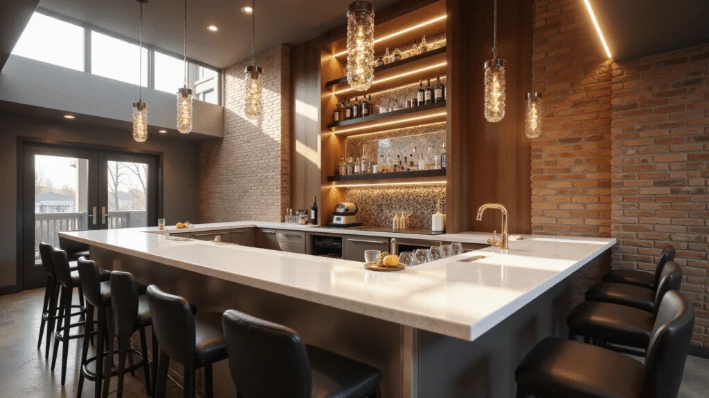 A luxurious modern basement bar featuring a white quartz waterfall countertop, matte black bar stools, and an exposed brick accent wall, illuminated by warm golden hour light filtering through clerestory windows, with LED strip accents and polished concrete floors.