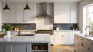 15 Stunning Backsplash Ideas for White Cabinets: Transform Your Kitchen with Style A luxurious modern kitchen showcasing white shaker cabinets, various backsplash designs, and a marble waterfall island, captured in dramatic golden hour lighting.