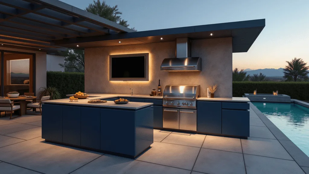 Modern Outdoor Kitchen Ideas for 2025: Transform Your Backyard into a Culinary Paradise Photorealistic image of a luxurious L-shaped outdoor kitchen at twilight, featuring navy blue cabinets, stainless steel appliances, polished concrete countertops, and a dual fuel grill, surrounded by an infinity pool, modern furniture, and an atmospheric pergola.
