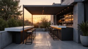 Patio Bar Ideas: Transform Your Outdoor Space into an Epic Entertaining Hub Cinematic wide-angle shot of a luxurious L-shaped patio bar at sunset, featuring a matte black metal frame, white quartz countertop, and chrome bar stools, illuminated by warm, amber lighting and string lights, with ambient bokeh and modern planters, all captured in photorealistic detail.