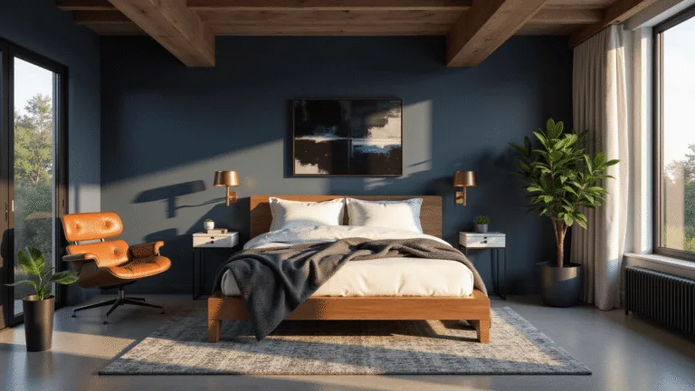 Men's Bedroom Ideas: Crafting a Space That Speaks Your Style A sophisticated modern bedroom with a walnut platform bed, navy accent wall, and golden hour sunlight, featuring industrial decor elements and rich textures in a photorealistic style.