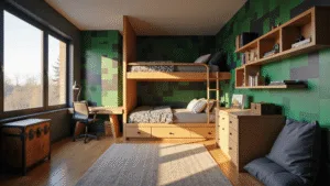 Designing the Ultimate Boys' Bedroom: A Comprehensive Guide to Creating a Space They'll Love A modern boy's bedroom with a Minecraft theme, featuring a loft bed, emerald green accent wall, light oak desk, and gaming memorabilia, illuminated by golden hour light through large windows.