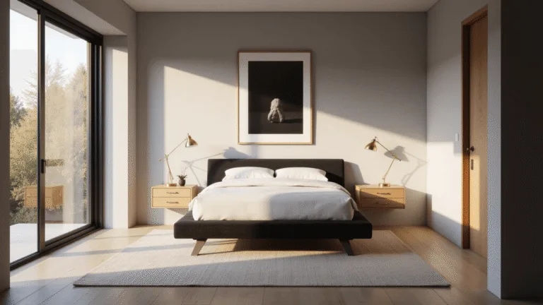 Bedroom Decor Magic: Your Ultimate Guide to Transforming Spaces A serene modern minimalist bedroom featuring a black platform bed with white linen bedding, light gray walls, large picture window, and warm golden hour lighting casting shadows on white oak flooring, enhanced by light wood floating nightstands and minimal brass lamps.