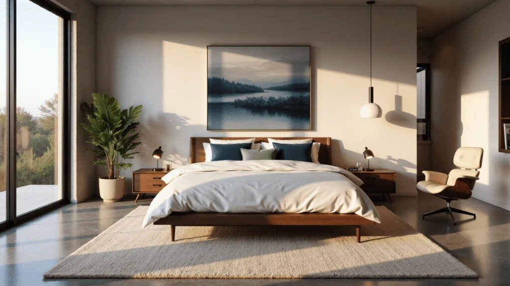 A contemporary minimalist bedroom during golden hour, featuring a low-profile platform bed with white linen bedding, velvet pillows, polished concrete floors, and a plush Moroccan rug, illuminated by natural light streaming through floor-to-ceiling windows.