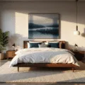 A contemporary minimalist bedroom during golden hour, featuring a low-profile platform bed with white linen bedding, velvet pillows, polished concrete floors, and a plush Moroccan rug, illuminated by natural light streaming through floor-to-ceiling windows.