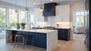 A contemporary kitchen featuring navy blue matte base cabinets and glossy white upper cabinets, a dramatic white marble waterfall island, and wide-plank white oak flooring, illuminated by natural light from floor-to-ceiling windows, with detailed elements like artisanal ceramic vessels, fresh herbs in copper planters, and minimalist pendant lights.