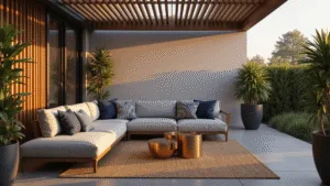 Patio Seating Ideas: Transform Your Outdoor Space into a Relaxation Haven Photorealistic image of a modern patio at golden hour featuring a grey L-shaped sectional sofa, striped cushions, brass accent tables, and a wooden pergola, with palm plants framing the scene and soft warm lighting.
