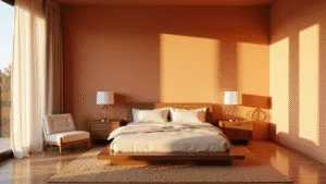 Orange Bedroom Walls: Transform Your Space with Warmth and Energy A spacious modern bedroom with peach-orange walls, natural light from floor-to-ceiling windows, and ivory linens on a platform bed, complemented by walnut nightstands and a cream bouclé chair, all bathed in golden hour hues.
