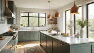 Green Kitchen Cabinets: Transform Your Culinary Space with Nature's Favorite Hue A spacious modern kitchen featuring sage green shaker cabinets, cream walls, and Carrara marble countertops, illuminated by morning sunlight through large east-facing windows, with a white oak island, brass pendant lights, and copper cookware on open shelves, accented by fresh herbs in vases and a vintage Persian runner rug.