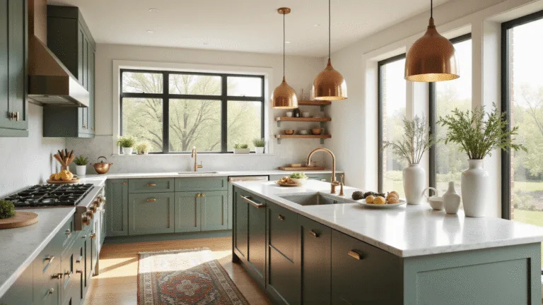 Green Kitchen Cabinets: Transform Your Culinary Space with Nature's Favorite Hue A spacious modern kitchen featuring sage green shaker cabinets, cream walls, and Carrara marble countertops, illuminated by morning sunlight through large east-facing windows, with a white oak island, brass pendant lights, and copper cookware on open shelves, accented by fresh herbs in vases and a vintage Persian runner rug.
