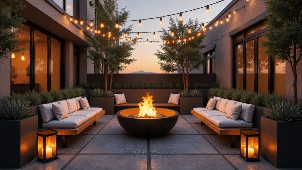 Small Fire Pit Ideas: Transform Your Compact Outdoor Space Cinematic wide-angle shot of a modern urban patio at sunset, featuring a sleek black steel fire bowl, low-profile acacia wood benches with cream cushions, and ambient lighting from Edison bulbs, surrounded by geometric concrete pavers and architectural sage green succulents in black planters.