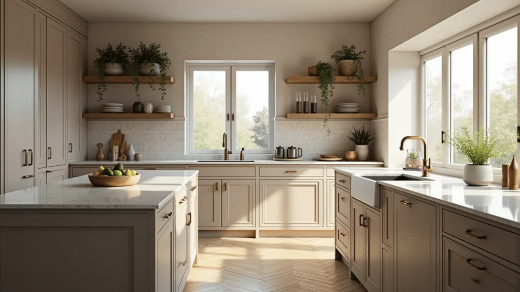 Photorealistic modern kitchen with taupe shaker cabinets, a white quartz waterfall island, and natural morning light from floor-to-ceiling windows, featuring herringbone oak flooring and a textured cream backsplash, styled with copper cookware and trailing ivy plants.