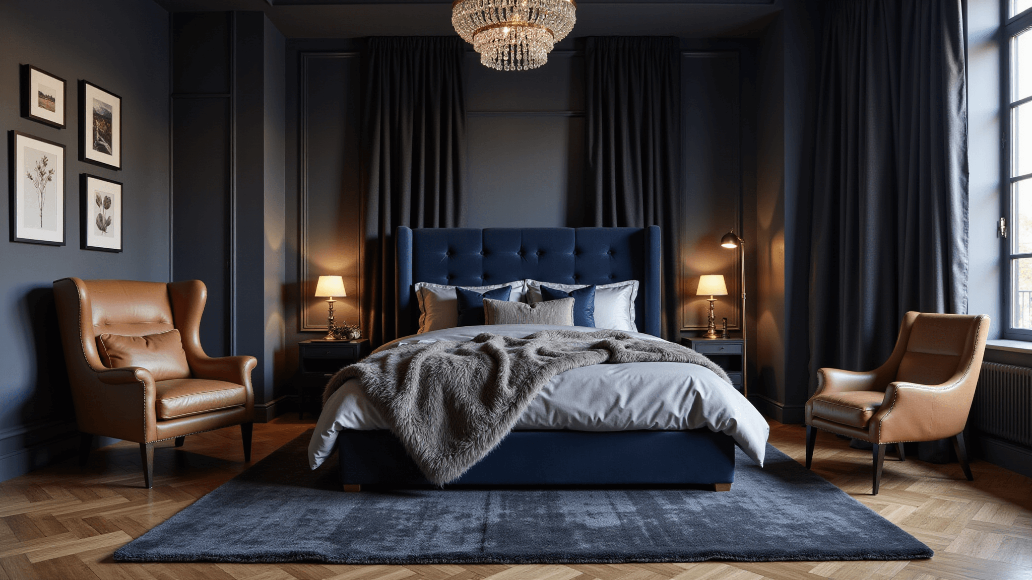 Cinematic photograph of a moody luxury bedroom with deep charcoal walls and navy accents, featuring a king-size bed with velvet and silk textures, natural light filtering through sheer curtains, a cognac leather chair, and a crystal pendant light, all depicted in warm tones and shallow depth of field.
