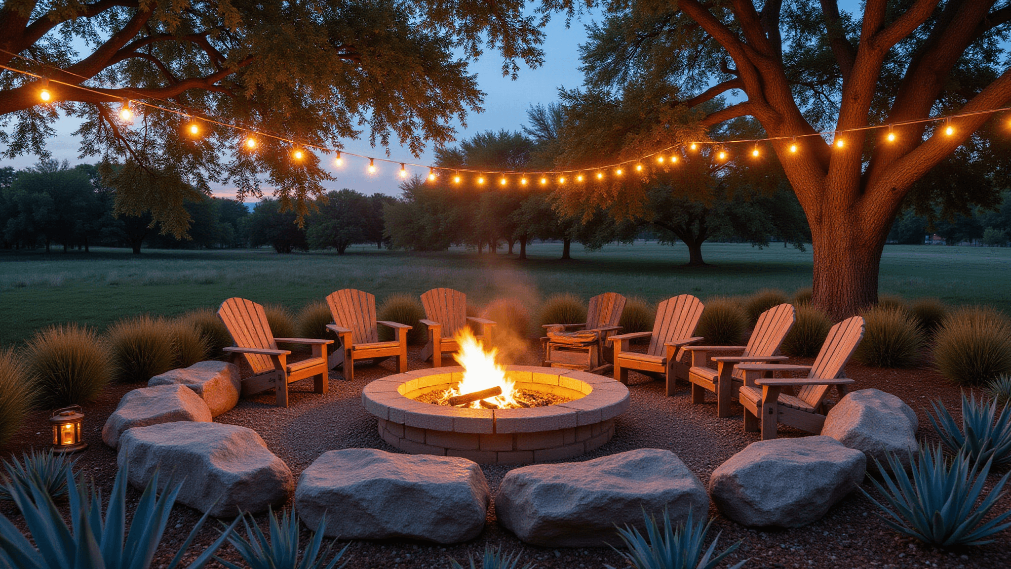 Hyperrealistic image of a circular natural stone fire pit at twilight, surrounded by weathered teak Adirondack chairs, with flames rising and warm LED lights overhead, framed by ornamental grasses and oak trees.