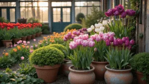 Perennial Bulbs: Your Guide to Effortless, Stunning Garden Color Year After Year A layered garden display in a Victorian-style greenhouse featuring blooming Darwin hybrid tulips, peonies, and allium, with terracotta pots of hostas, autumn crocus, and nerines, illuminated by golden morning light and surrounded by vintage gardening tools.