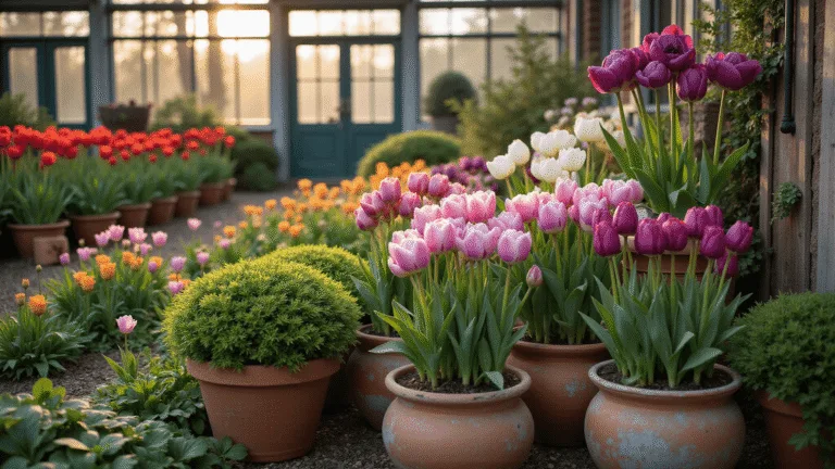 Perennial Bulbs: Your Guide to Effortless, Stunning Garden Color Year After Year A layered garden display in a Victorian-style greenhouse featuring blooming Darwin hybrid tulips, peonies, and allium, with terracotta pots of hostas, autumn crocus, and nerines, illuminated by golden morning light and surrounded by vintage gardening tools.