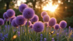 Alliums: The Globe-Shaped Garden Stars That Will Transform Your Landscape Cinematic wide-angle photograph of vibrant Purple Sensation alliums in a cottage garden at sunset, showcasing illuminated purple blooms, soft-focus companion plants, and delicate morning dew, with bees and butterflies adding movement.