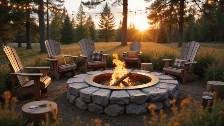 Photorealistic image of a rustic fire pit surrounded by Adirondack chairs and reclaimed wood stumps, illuminated by warm Edison string lights at golden hour, with native grasses and wildflowers framing the scene, showcasing dramatic shadows and textures in hyperrealistic detail.