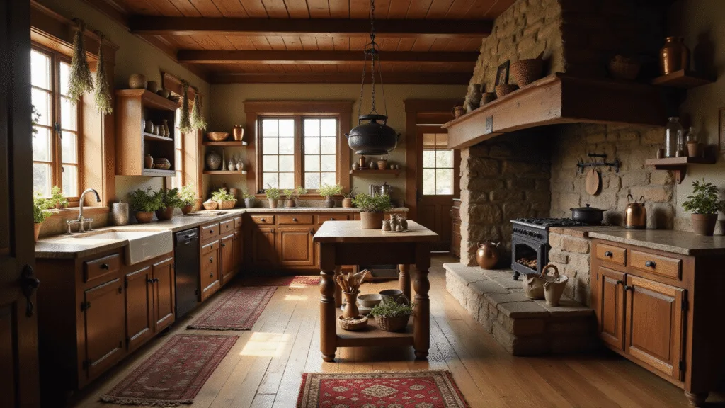 Photorealistic image of a spacious primitive kitchen featuring a grand stone hearth, blackened cooking crane, and hanging cast iron pots, illuminated by soft natural light through mullioned windows at golden hour. The scene includes distressed walnut cabinets, a butcher block island, and decorative dried herbs, with vintage crockery and utensils on open shelves, all styled with a warm color palette.