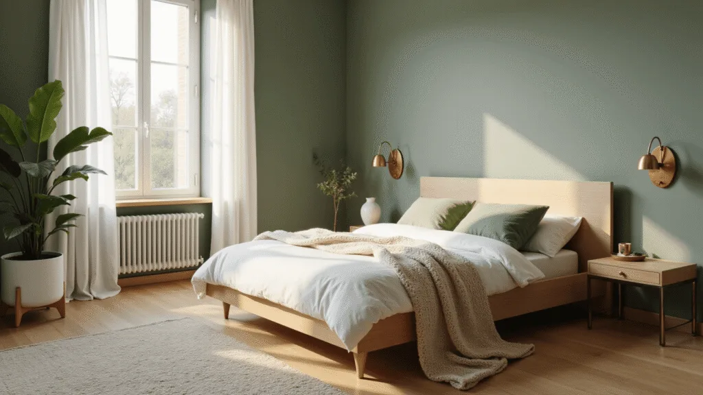 A serene sage green bedroom featuring a modern low-profile platform bed with white bedding, morning sunlight filtering through sheer curtains, and layered textures including a chunky knit throw, a fiddle leaf fig plant, and a hand-knotted wool rug, all captured in a cinematic, photorealistic style.