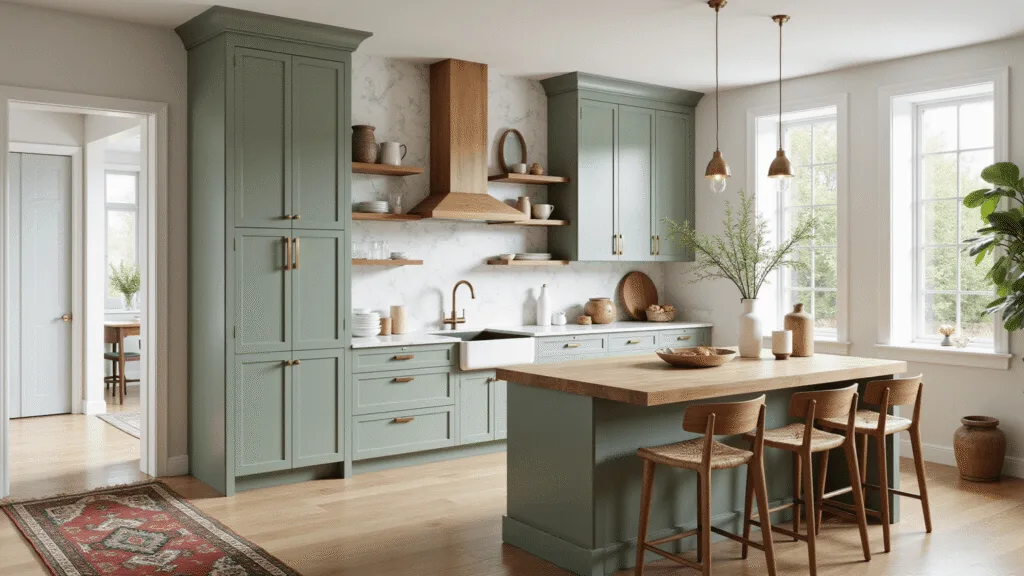 Sage Green Kitchen Cabinets: Your Ultimate Design Guide Photorealistic interior of a sage green modern kitchen with marble countertops, brass fixtures, and white oak elements, illuminated by natural light.