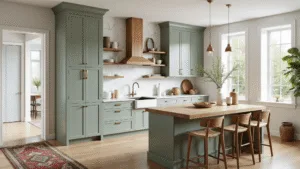 Sage Green Kitchen Cabinets: Your Ultimate Design Guide Photorealistic interior of a sage green modern kitchen with marble countertops, brass fixtures, and white oak elements, illuminated by natural light.