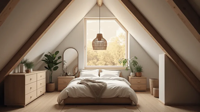 Attic Bedroom Ideas: Transform Your Awkward Space into a Dreamy Retreat A serene Scandinavian attic bedroom bathed in warm golden hour light, featuring sloped white ceilings, exposed oak beams, a minimalist queen bed with cloud-white linen, vintage brass mirror, sculptural rattan pendant light, and lush monstera plants, all atop light oak floors and a woven jute rug.