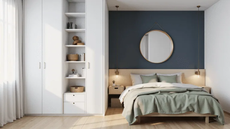 Smart Bedroom Ideas for Small Rooms: Transform Your Tiny Space into a Stylish Sanctuary A bright Scandinavian bedroom featuring a modern white Murphy bed, light oak nightstands, and a navy accent wall with a gold mirror, bathed in soft morning light.