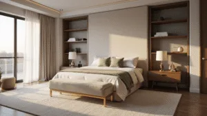 Bedroom Layout Ideas: Your Ultimate Guide to Creating a Dreamy Sleep Sanctuary Photorealistic master bedroom bathed in golden hour light, featuring a king-size bed with plush ivory headboard, crisp white linens with sage green accents, and symmetrical walnut nightstands with brass lamps; textured grasscloth wallpaper and an oversized ivory wool rug complete the serene sanctuary.