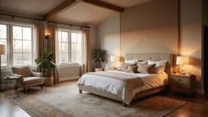 How to Create the Ultimate Cozy Bedroom Retreat: Your Personal Sanctuary Awaits Cinematic wide-angle shot of a serene luxury master bedroom during golden hour, featuring a plush king-size bed with layered textures, weathered oak nightstands, vintage Persian rug, cozy reading nook, and sophisticated decor, all bathed in warm natural light.