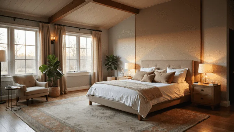 How to Create the Ultimate Cozy Bedroom Retreat: Your Personal Sanctuary Awaits Cinematic wide-angle shot of a serene luxury master bedroom during golden hour, featuring a plush king-size bed with layered textures, weathered oak nightstands, vintage Persian rug, cozy reading nook, and sophisticated decor, all bathed in warm natural light.