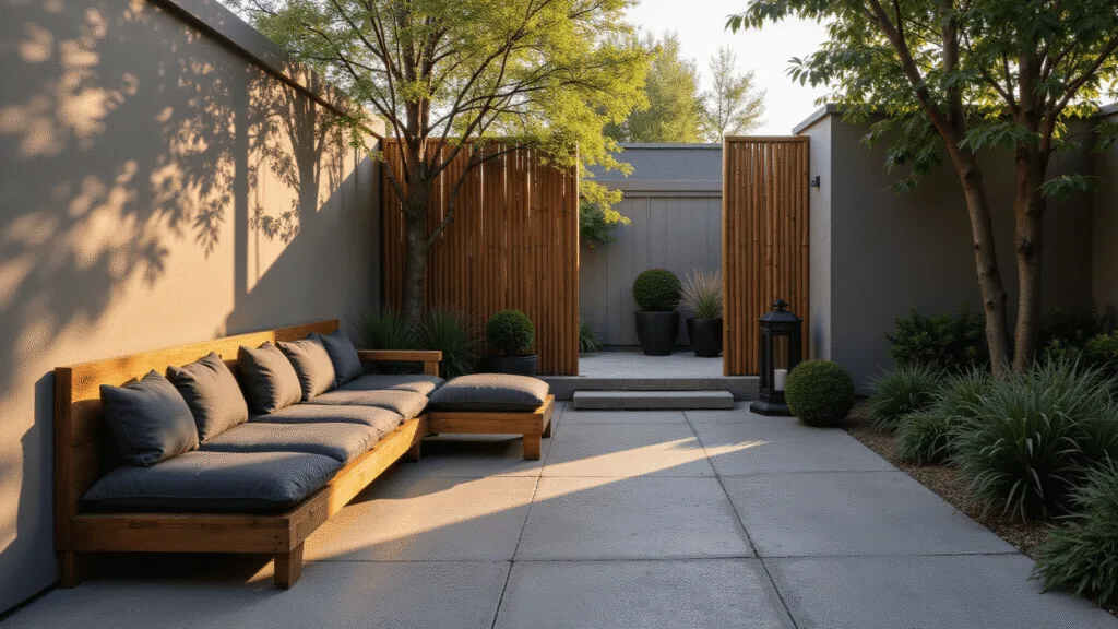 Japandi Patio Ideas: Transform Your Outdoor Space into a Serene Sanctuary Cinematic photograph of a serene Japandi patio during golden hour, featuring a weathered teak L-shaped bench with charcoal linen cushions, natural stone flooring, bamboo privacy screens, a Japanese maple tree casting shadows, minimalist lanterns, and lush greenery, captured in 8K resolution.