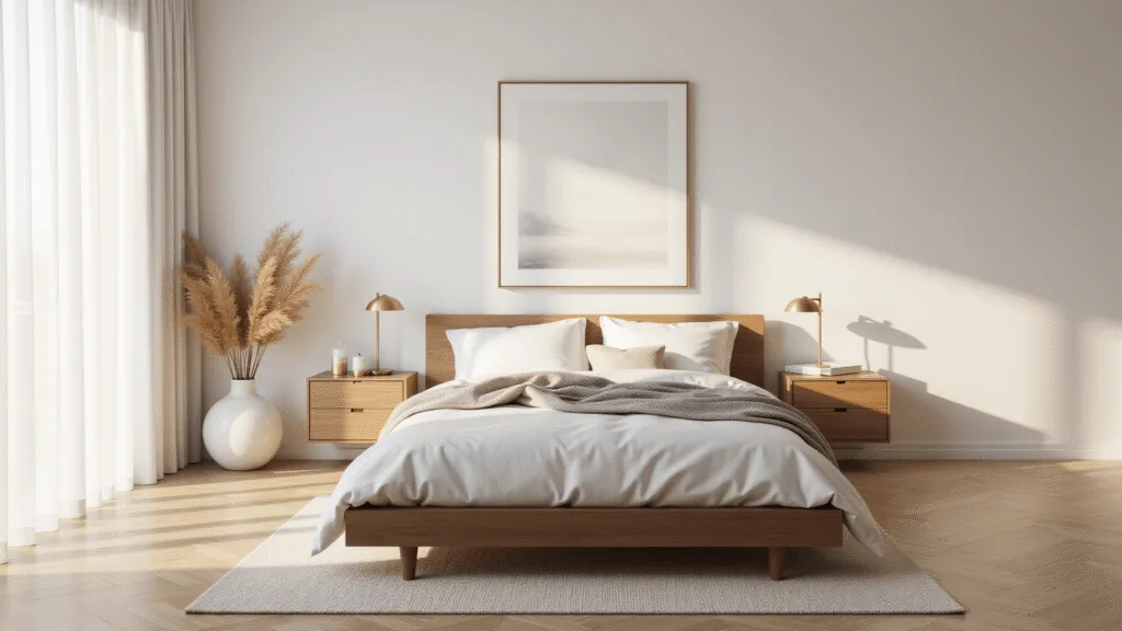 Simple Bedroom Ideas: Your Guide to Serene, Minimalist Spaces A tranquil minimalist bedroom bathed in golden morning light, featuring a low-profile oak platform bed with white bedding, floating walnut nightstands, and a handwoven ivory wool rug, all captured in soft focus with cinematic color grading.