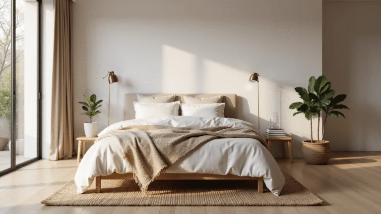 Bedroom Paint Ideas: Transform Your Personal Sanctuary in 2025 Photorealistic image of a luxurious modern bedroom with a king-sized bed adorned in layered white linens and oatmeal throws, illuminated by soft morning sunlight through floor-to-ceiling windows, featuring warm white walls, a natural jute rug on light oak flooring, Scandinavian-inspired decor, a potted fiddle leaf fig, and minimal brass lighting fixtures, all captured in ultra-detailed textures and muted earth tones.