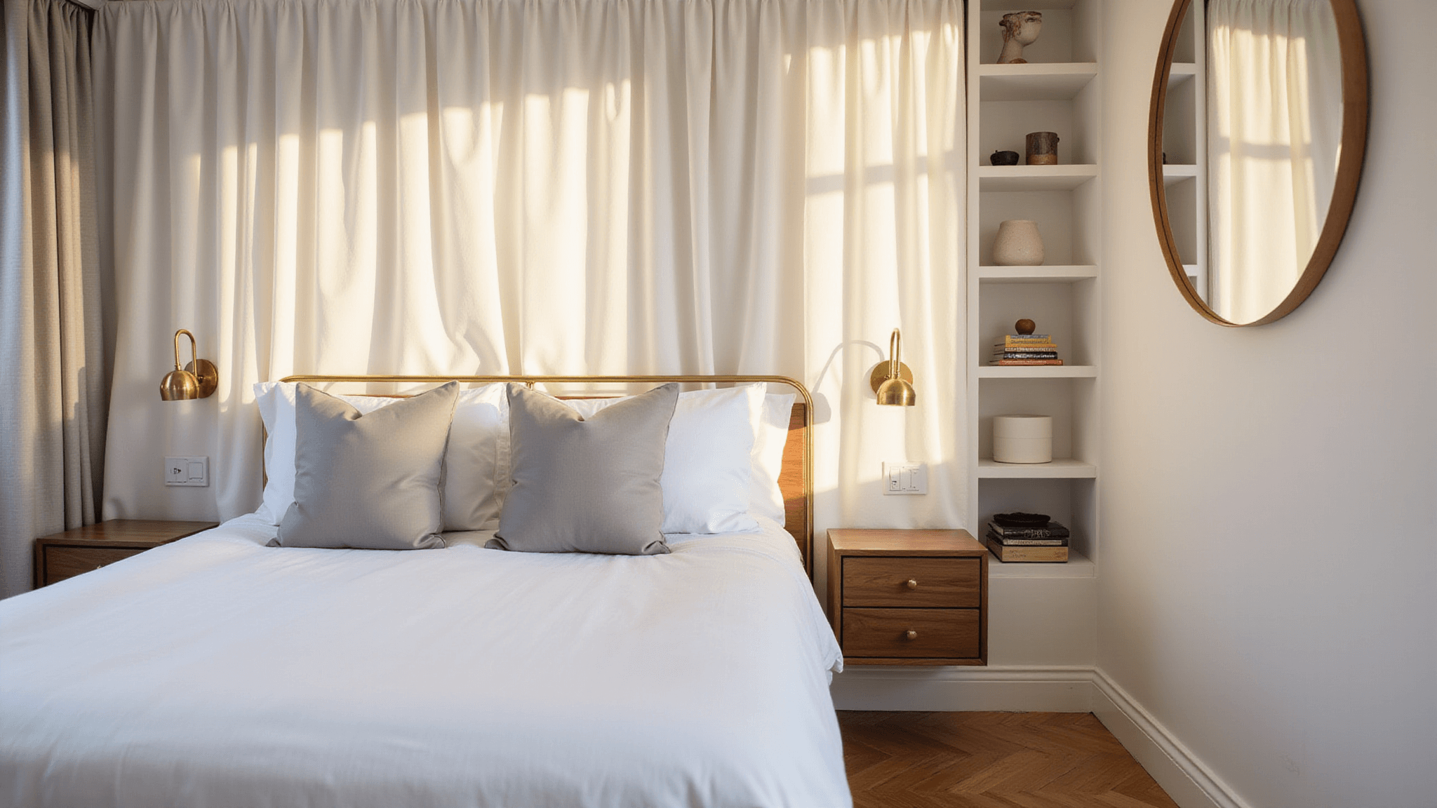 A hyperrealistic interior photograph of a contemporary small bedroom featuring a corner-tucked queen bed with a brass frame, crisp white linens, and dove gray accent pillows. Warm golden hour sunlight filters through sheer white curtains, illuminating wall-mounted brass sconces beside a floating walnut nightstand. Built-in white shelves display minimal decor, and a large round mirror reflects soft light. The herringbone hardwood floors complement the neutral palette with blush accents, creating an inviting sanctuary atmosphere.