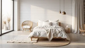 White Bedroom Ideas: Create Your Serene Sanctuary A photorealistic image of a serene minimalist white bedroom bathed in soft morning light, featuring a low-profile platform bed, natural oak flooring, and stylish decor elements like a rattan chair and dried pampas grass vases.