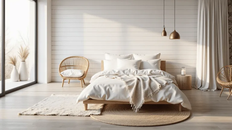 White Bedroom Ideas: Create Your Serene Sanctuary A photorealistic image of a serene minimalist white bedroom bathed in soft morning light, featuring a low-profile platform bed, natural oak flooring, and stylish decor elements like a rattan chair and dried pampas grass vases.