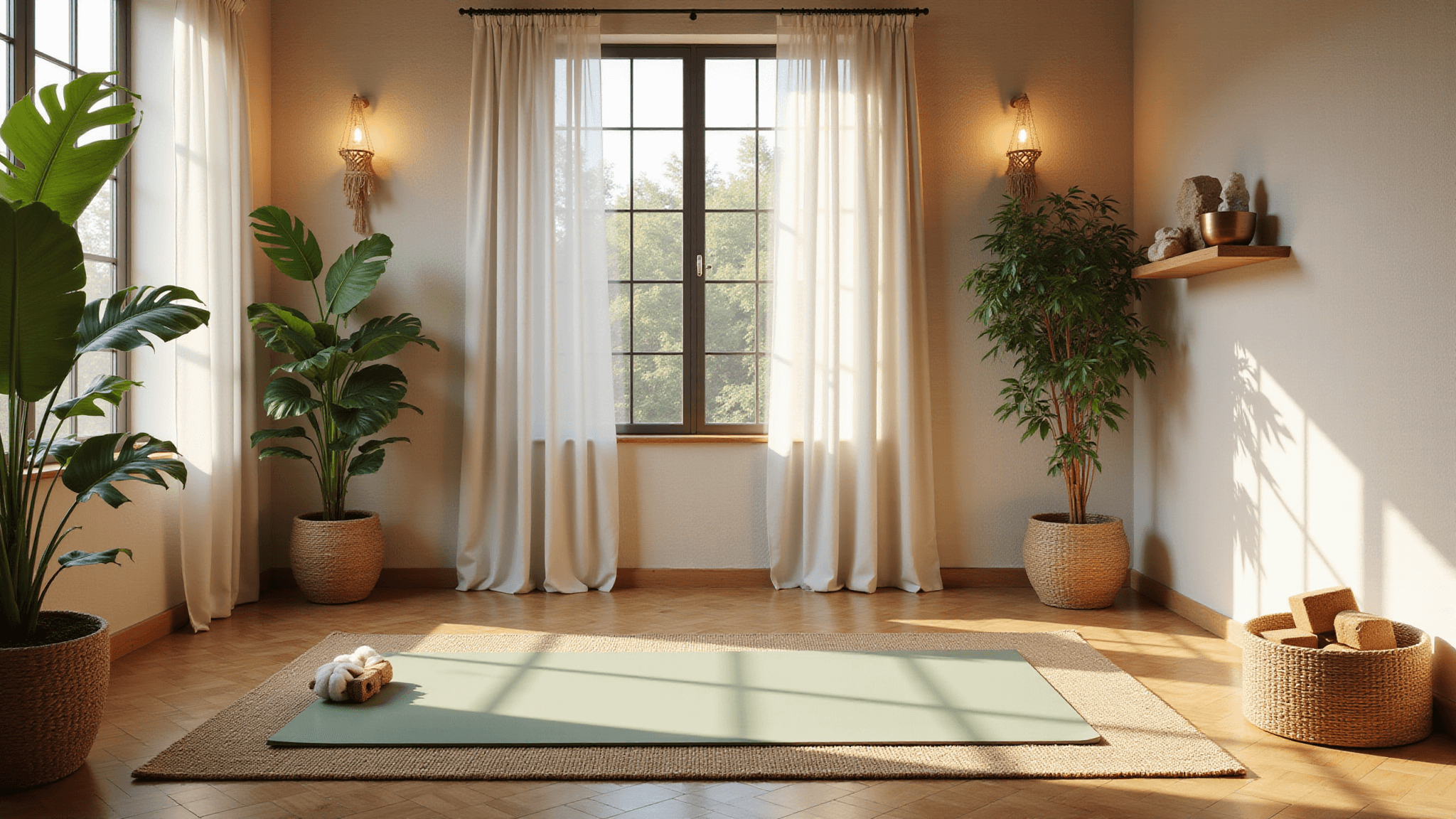 A serene modern yoga sanctuary bathed in golden hour light, featuring a jade-green yoga mat on herringbone hardwood flooring, surrounded by minimalist props, large monstera plants, and ambient lighting from Himalayan salt lamps.