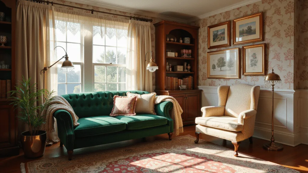 Creating a Granny Chic Living Room: Your Cozy Time Machine of Design Photorealistic image of a sunlit Victorian living room featuring an emerald green velvet Chesterfield sofa, floral wallpaper, and layered Persian rugs, illuminated by morning light through floor-to-ceiling windows, with a blend of vintage and modern decor elements.