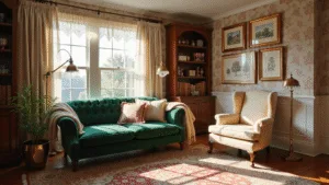 Creating a Granny Chic Living Room: Your Cozy Time Machine of Design Photorealistic image of a sunlit Victorian living room featuring an emerald green velvet Chesterfield sofa, floral wallpaper, and layered Persian rugs, illuminated by morning light through floor-to-ceiling windows, with a blend of vintage and modern decor elements.