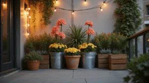 Container Gardening: Transform Your Space with Portable Greenery A warm sunset bathes an urban balcony garden in golden light, featuring vibrant coral snapdragons in terracotta planters, butter-yellow penny violas, cascading ivy, and glowing copper string lights, all set against a textured concrete wall.