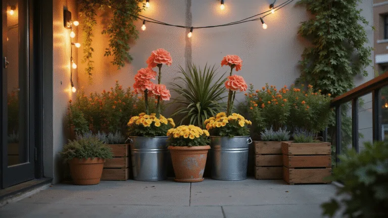 Container Gardening: Transform Your Space with Portable Greenery A warm sunset bathes an urban balcony garden in golden light, featuring vibrant coral snapdragons in terracotta planters, butter-yellow penny violas, cascading ivy, and glowing copper string lights, all set against a textured concrete wall.