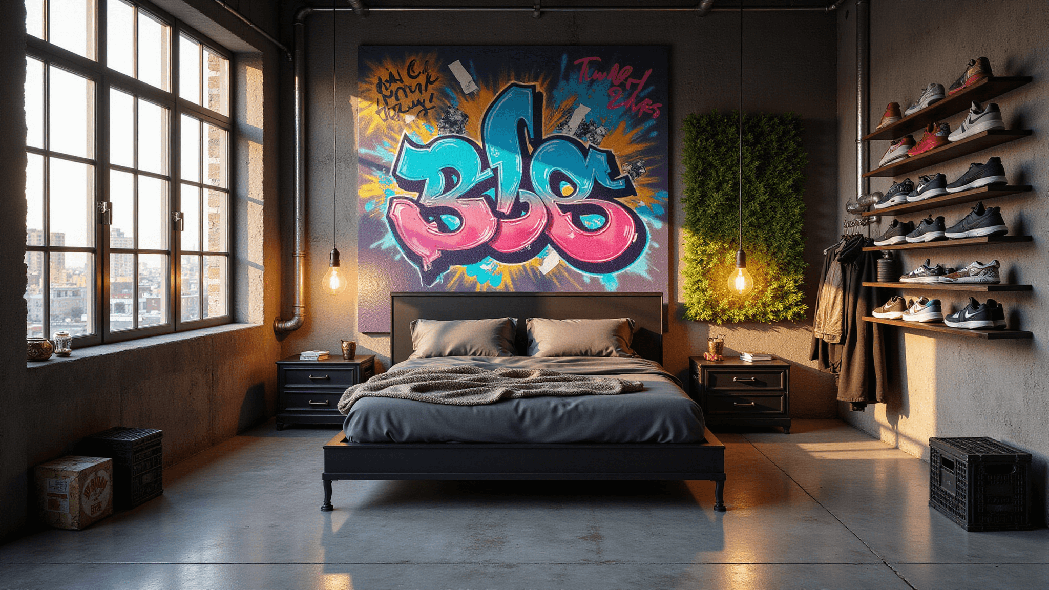 A contemporary urban bedroom with a black metal platform bed, vibrant graffiti mural, industrial windows, vintage milk crate bedside tables, sneaker collection, moss wall installation, and streetwear decor, all bathed in warm golden hour light.